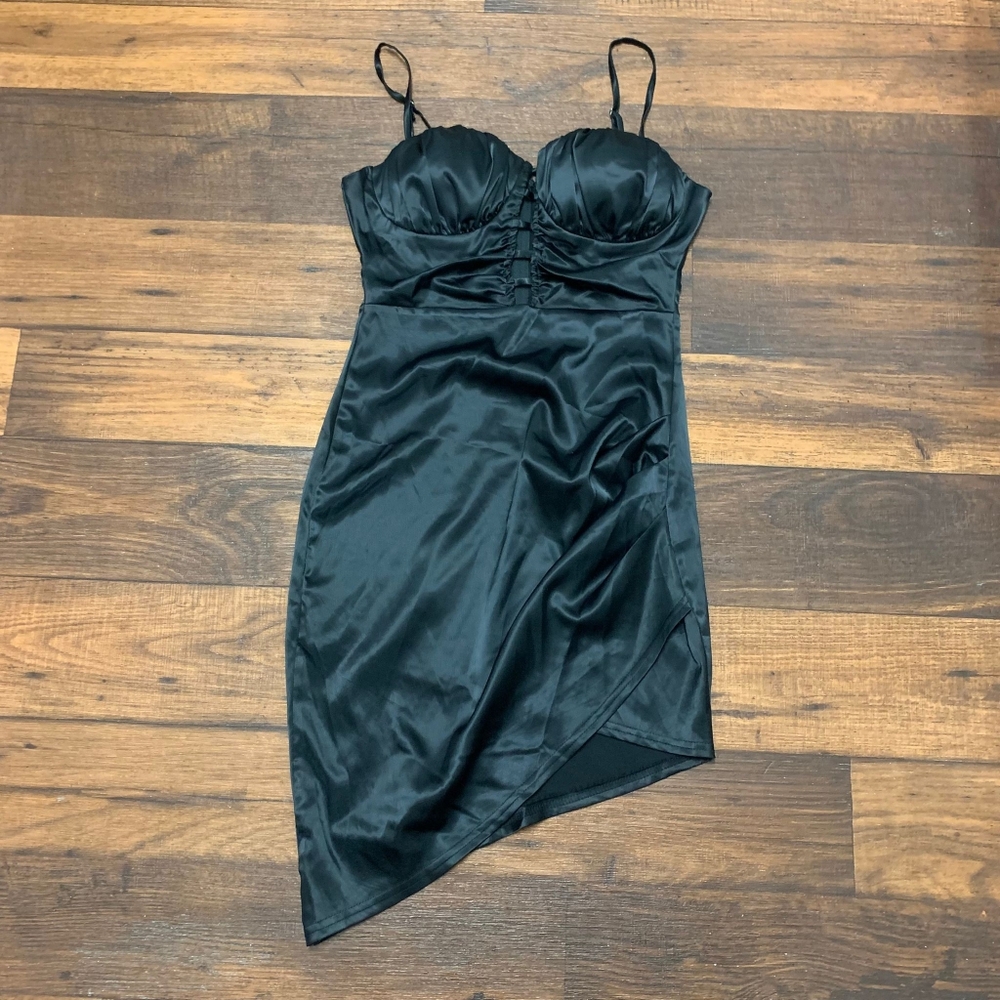 Privy Black Satin Dress with Sweetheart Neckline - Size M